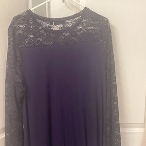 Navy A line dress. Knee length, lac sleeves and bodice.